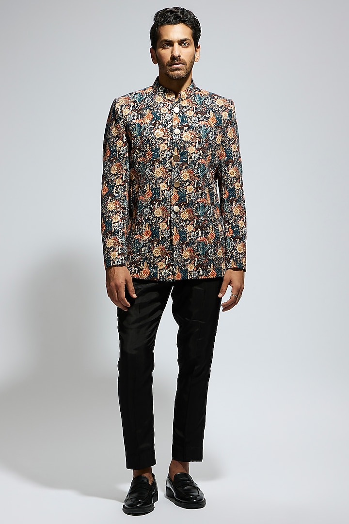 Black Silk Jaal Sequins Embellished Wedding Bandhgala by Sva By Sonam & Paras Modi Men at Pernia's Pop Up Shop