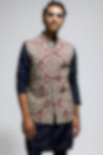 Blue Silk Thread Embroidered Bundi Jacket by Sva By Sonam & Paras Modi Men at Pernia's Pop Up Shop