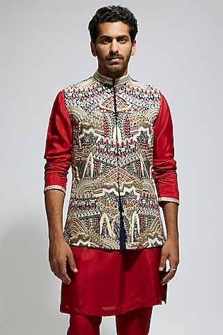 Blue Silk Thread Embroidered Bundi Jacket by Sva By Sonam & Paras Modi Men
