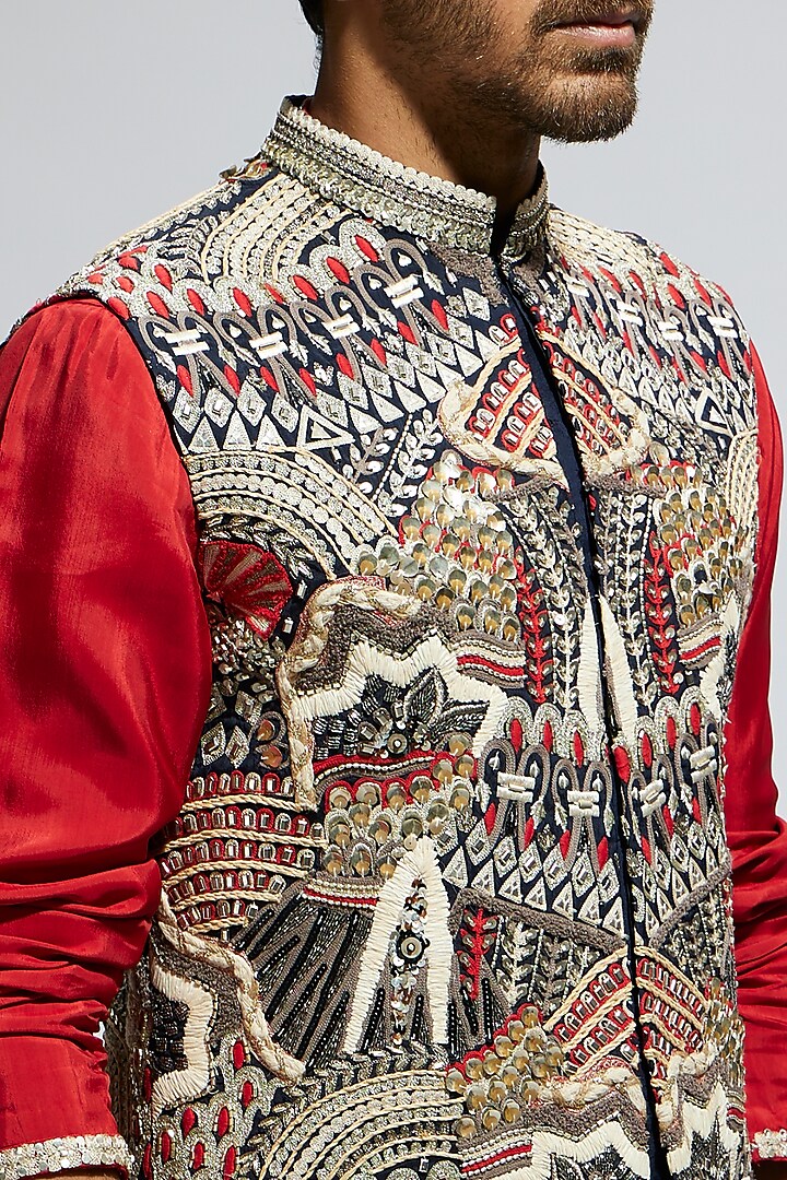 Blue Silk Thread Embroidered Bundi Jacket by Sva By Sonam & Paras Modi Men at Pernia's Pop Up Shop