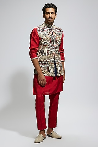 Blue Silk Thread Embroidered Bundi Jacket Set by Sva By Sonam & Paras Modi Men