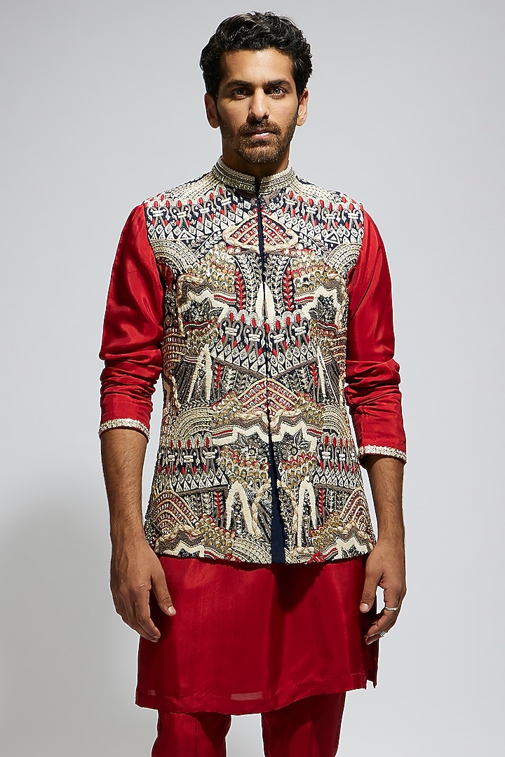 Blue Silk Thread Embroidered Bundi Jacket Set by Sva By Sonam & Paras Modi Men at Pernia's Pop Up Shop