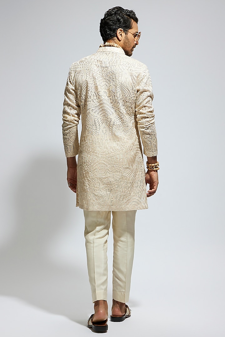 Beige Silk Embroidered Kurta Set by Sva By Sonam & Paras Modi Men at Pernia's Pop Up Shop