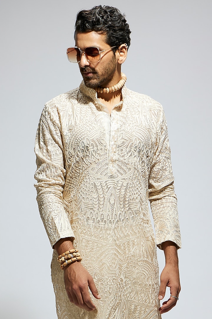 Beige Silk Embroidered Kurta Set by Sva By Sonam & Paras Modi Men at Pernia's Pop Up Shop