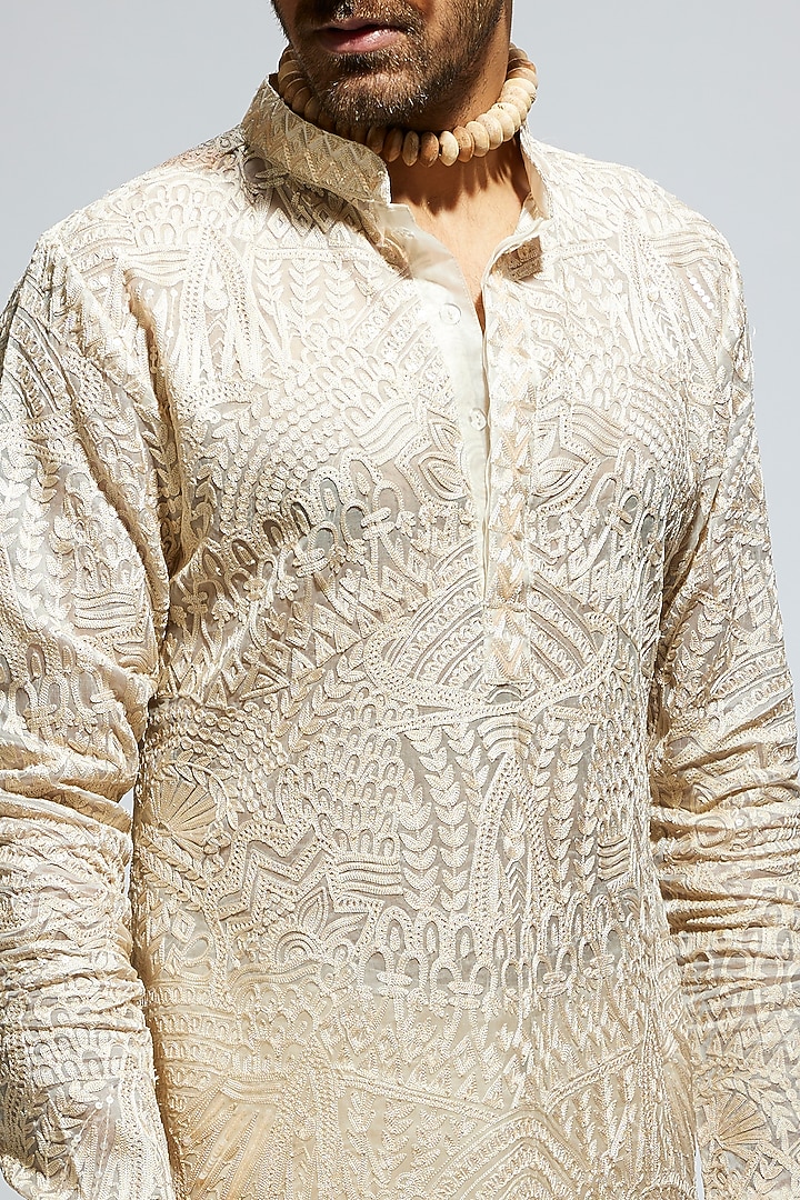 Beige Silk Embroidered Kurta Set by Sva By Sonam & Paras Modi Men at Pernia's Pop Up Shop
