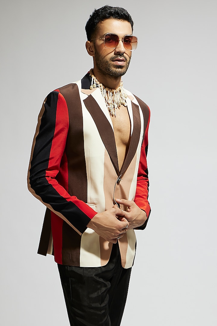 Orange Silk Striped Blazer by Sva By Sonam & Paras Modi Men