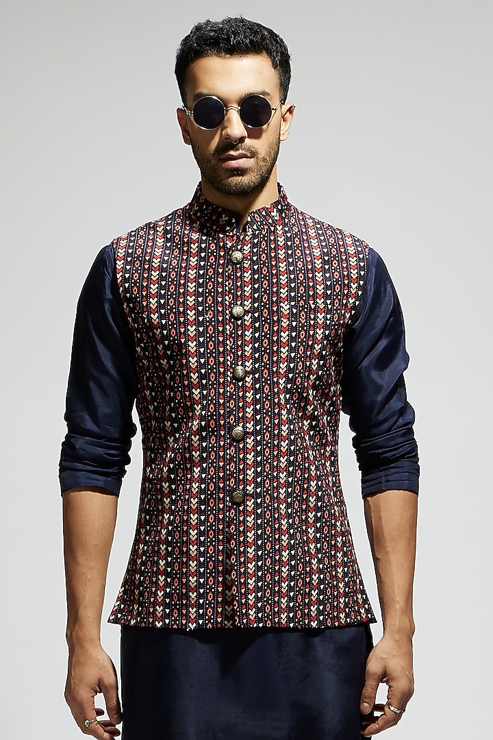 Blue Silk Geo Printed Bundi Jacket by Sva By Sonam & Paras Modi Men at Pernia's Pop Up Shop