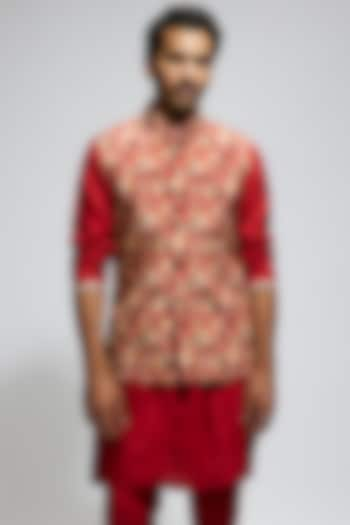 Orange Silk Jaal Printed Bundi Jacket by Sva By Sonam & Paras Modi Men at Pernia's Pop Up Shop