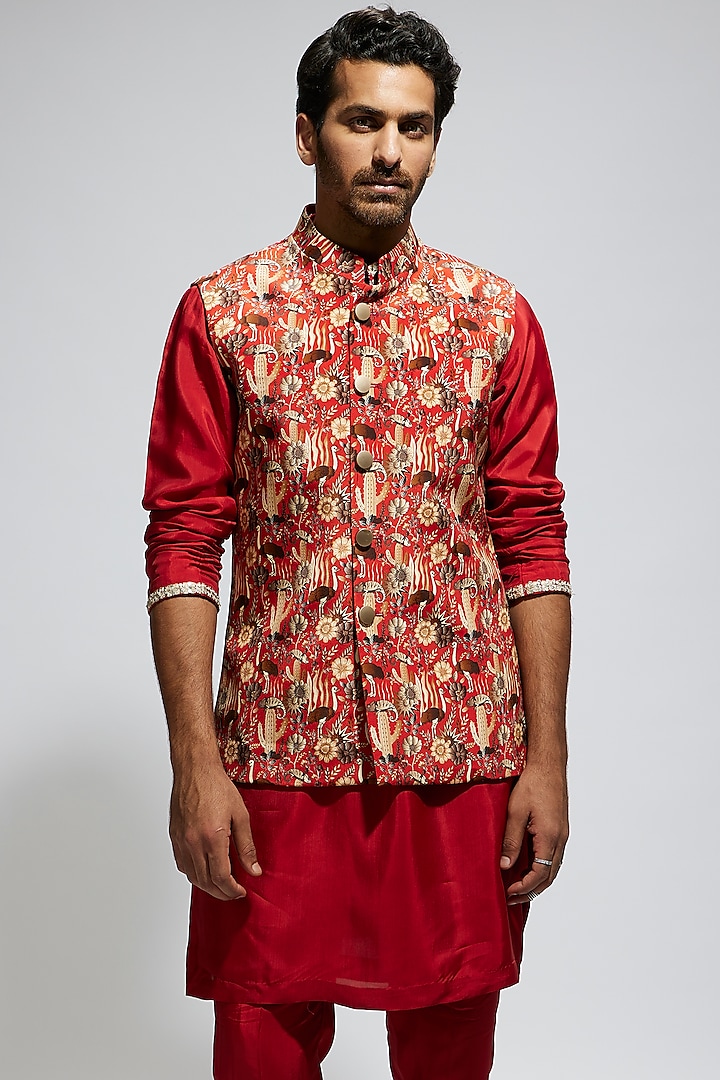 Orange Silk Jaal Printed Bundi Jacket by Sva By Sonam & Paras Modi Men at Pernia's Pop Up Shop