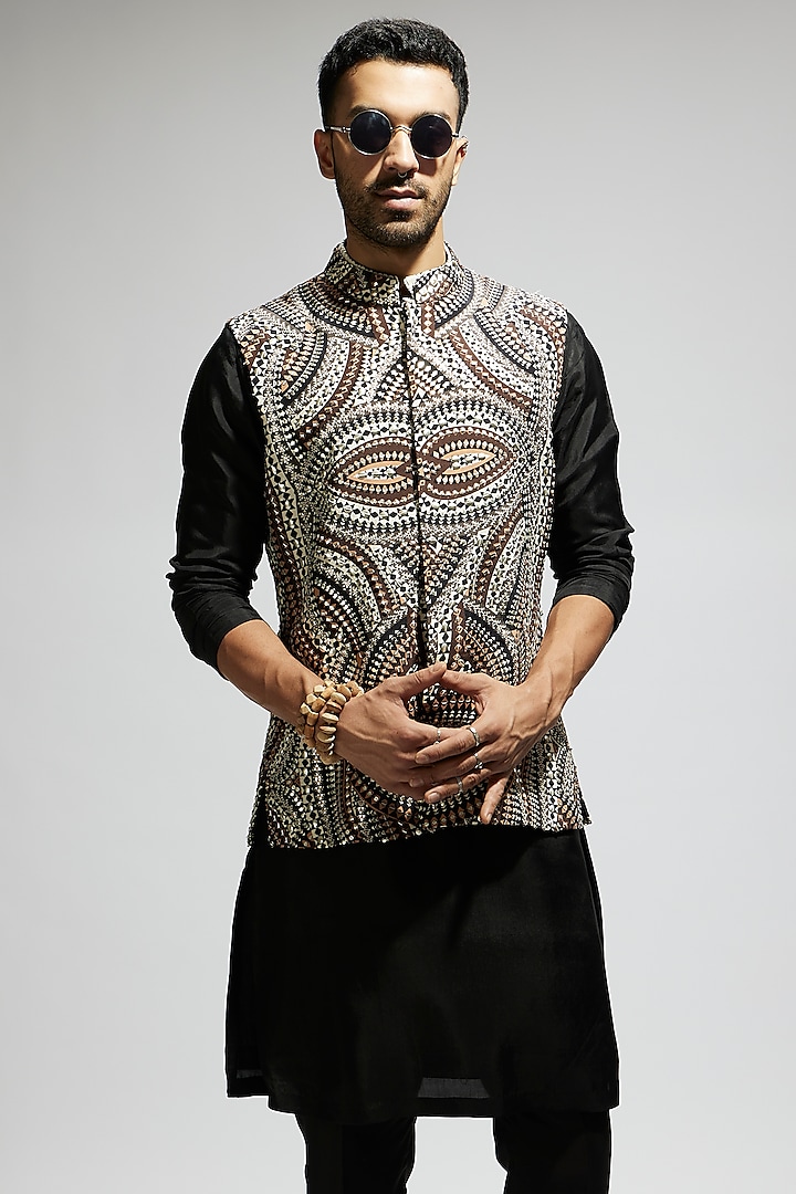 Brown Silk Embellished Bundi Jacket by Sva By Sonam & Paras Modi Men at Pernia's Pop Up Shop