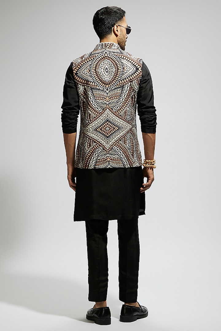 Brown Silk Embellished Bundi Jacket by Sva By Sonam & Paras Modi Men at Pernia's Pop Up Shop