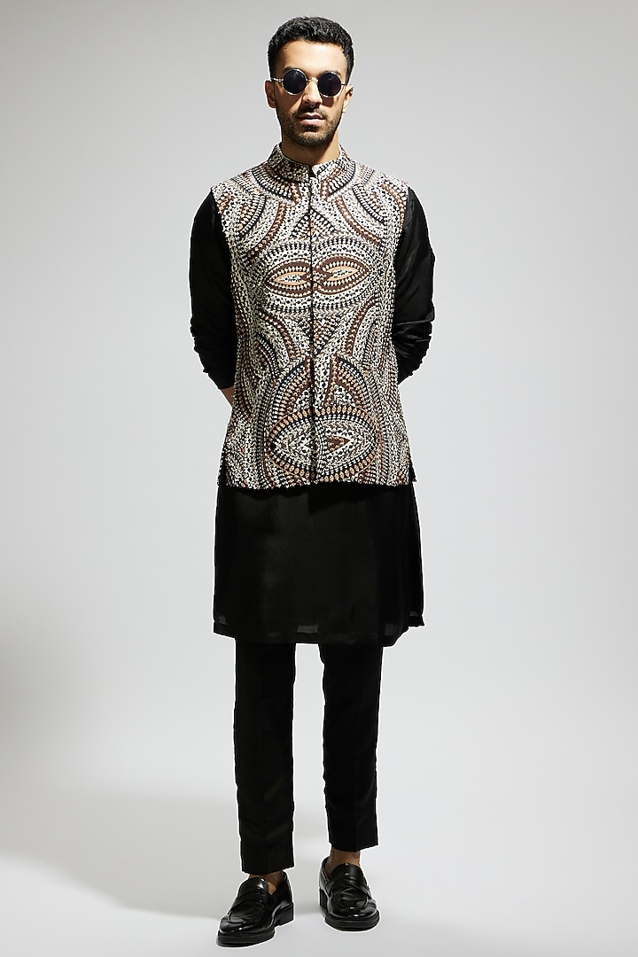 Brown Silk Embellished Bundi Jacket by Sva By Sonam & Paras Modi Men at Pernia's Pop Up Shop