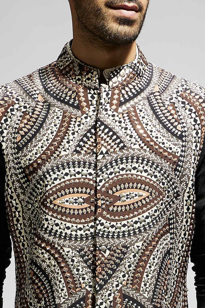 Brown Silk Embellished Bundi Jacket by Sva By Sonam & Paras Modi Men at Pernia's Pop Up Shop