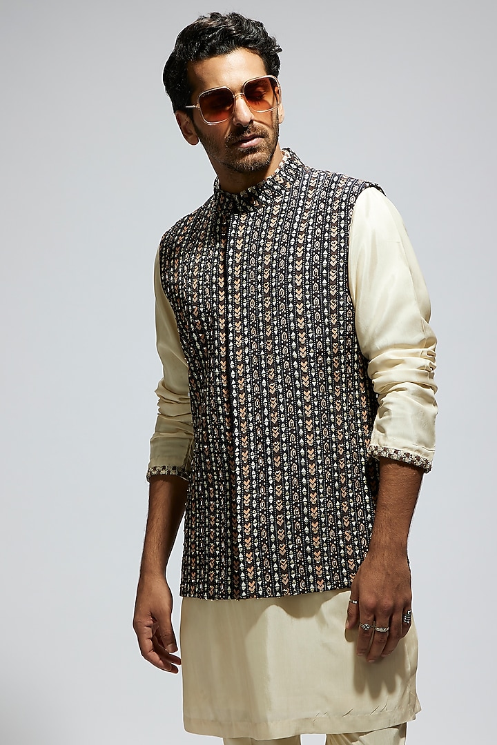 Black Silk Embellished Bundi Jacket by Sva By Sonam & Paras Modi Men