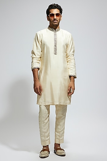 Beige Silk Embellished Kurta Set by Sva By Sonam & Paras Modi Men at Pernia's Pop Up Shop