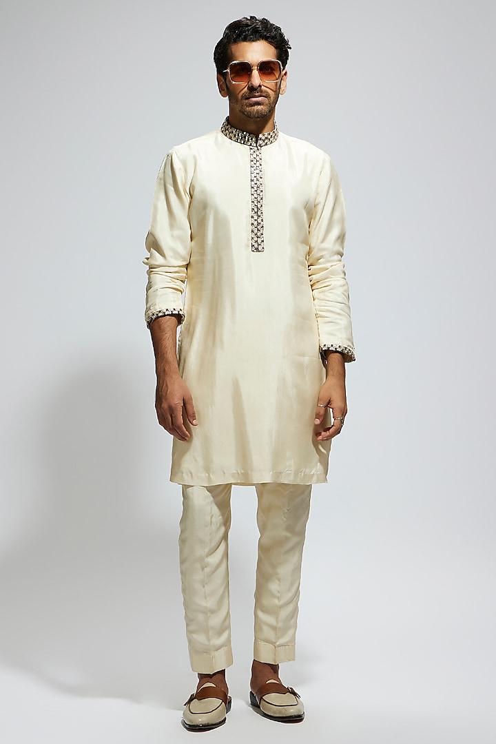 Beige Silk Embellished Kurta Set by Sva By Sonam & Paras Modi Men