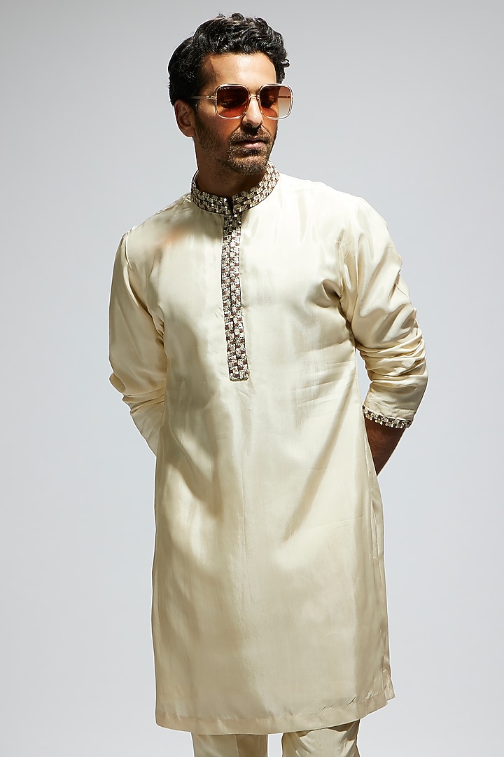 Beige Silk Embellished Kurta Set by Sva By Sonam & Paras Modi Men at Pernia's Pop Up Shop