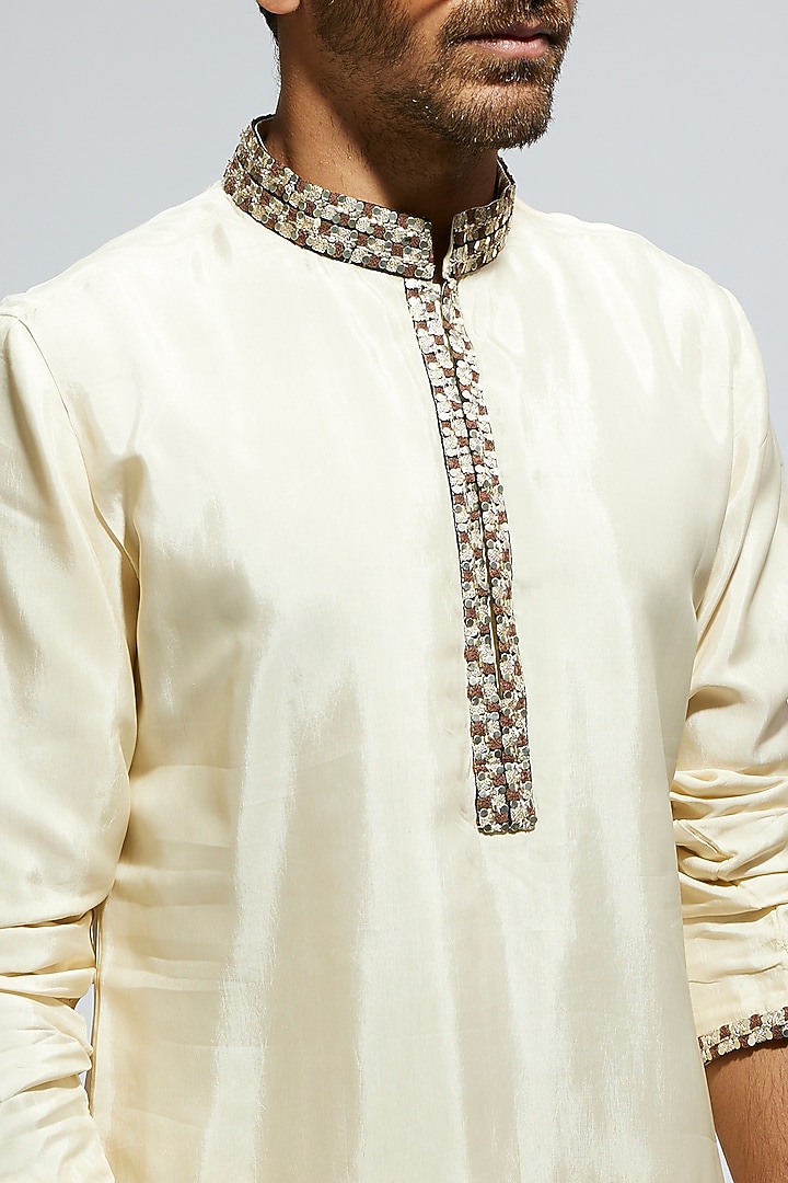 Beige Silk Embellished Kurta Set by Sva By Sonam & Paras Modi Men at Pernia's Pop Up Shop