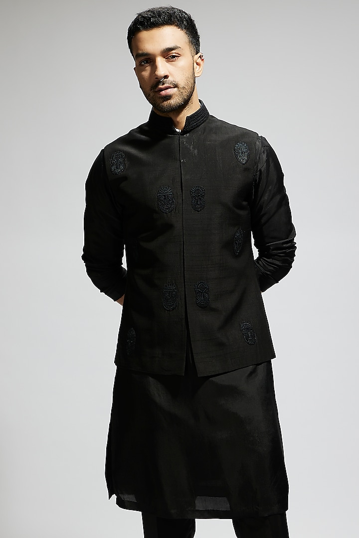 Black Silk Threadwork Bundi Jacket by Sva By Sonam & Paras Modi Men