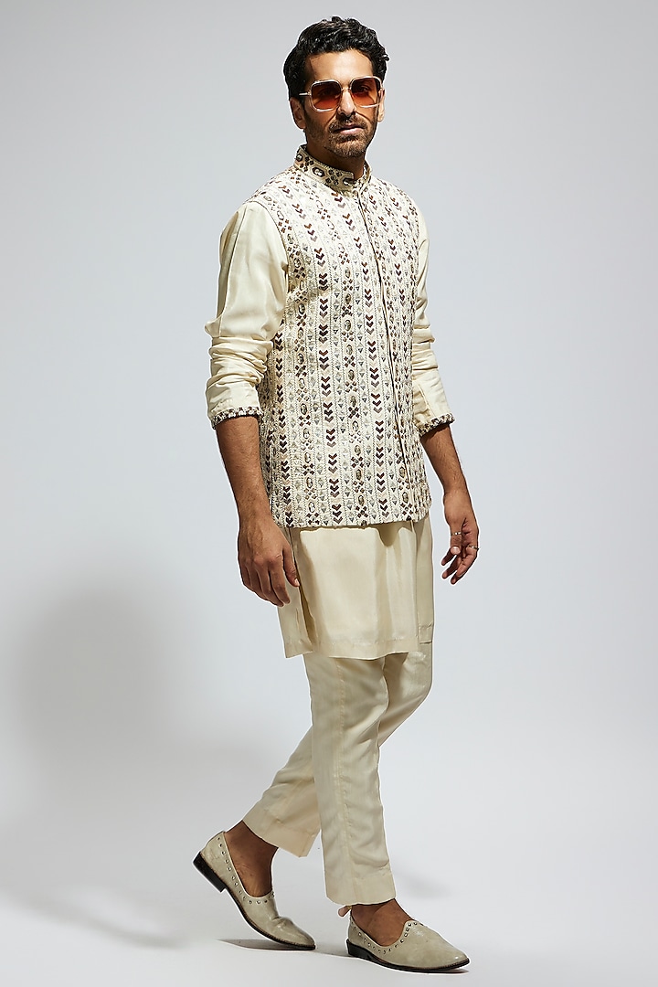 Beige Silk Geo Embellished Bundi Jacket Set by Sva By Sonam & Paras Modi Men