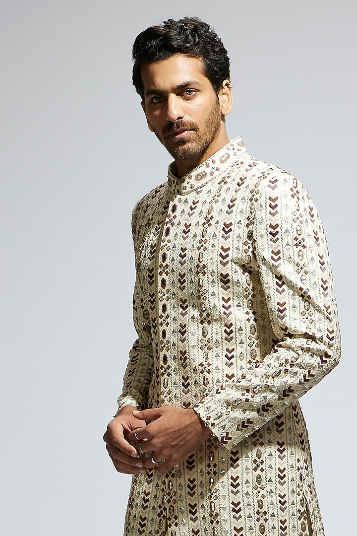 Ivory Silk Embroidered Groom Sherwani Set by Sva By Sonam & Paras Modi Men at Pernia's Pop Up Shop