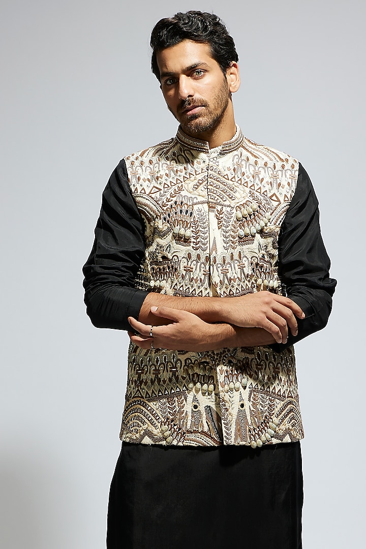 Ivory Silk Abstract Embroidered Bundi Jacket by Sva By Sonam & Paras Modi Men