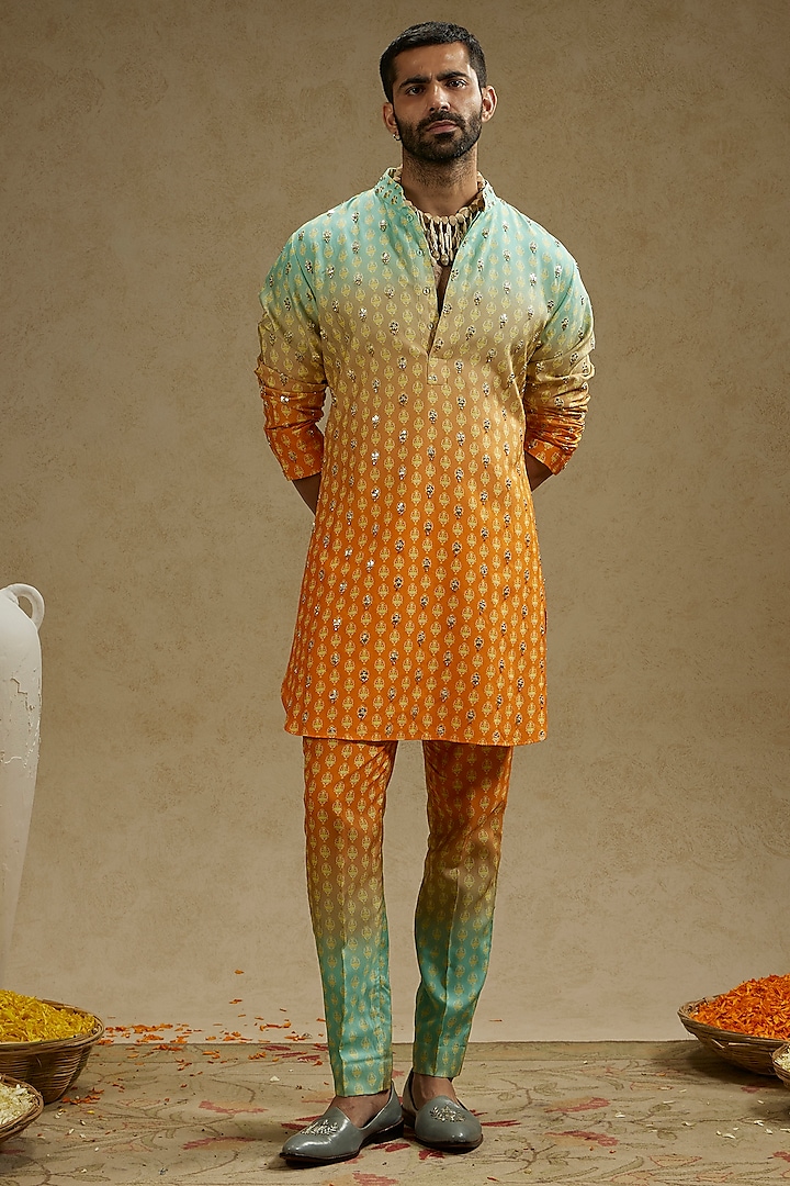 Blue & Orange Printed & Embroidered Ombre Kurta Set by SVA BY SONAM & PARAS MODI Men at Pernia's Pop Up Shop