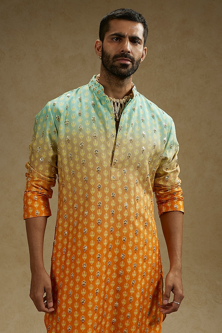 Blue & Orange Printed & Embroidered Ombre Kurta Set by SVA BY SONAM & PARAS MODI Men at Pernia's Pop Up Shop