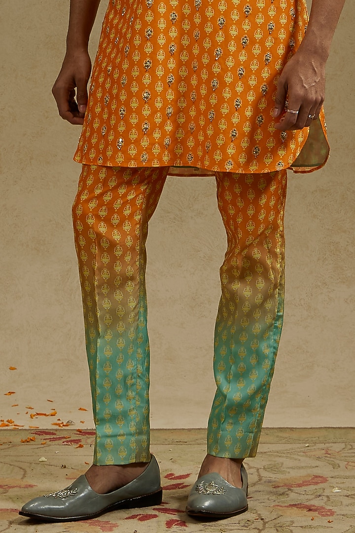 Blue & Orange Printed & Embroidered Ombre Kurta Set by SVA BY SONAM & PARAS MODI Men at Pernia's Pop Up Shop