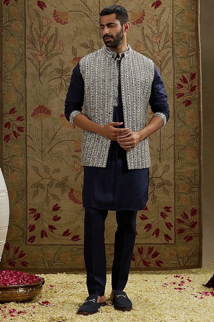 Midnight Blue Silk Patti Embellished Kurta Set by SVA BY SONAM & PARAS MODI Men at Pernia's Pop Up Shop