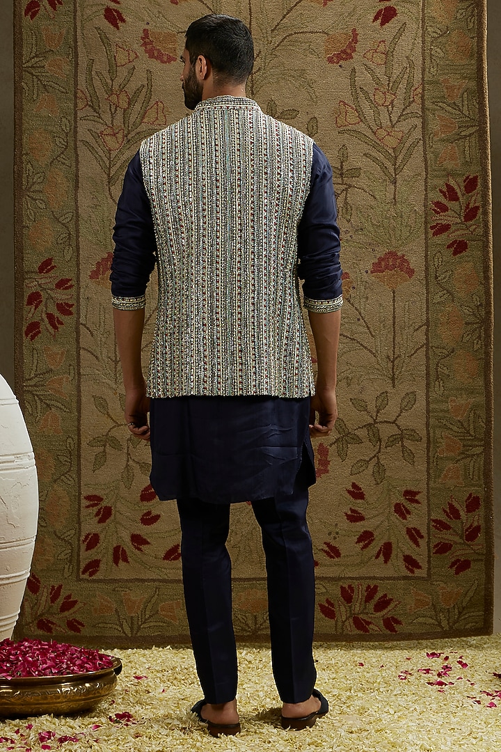 Midnight Blue Silk Patti Embellished Kurta Set by SVA BY SONAM & PARAS MODI Men at Pernia's Pop Up Shop