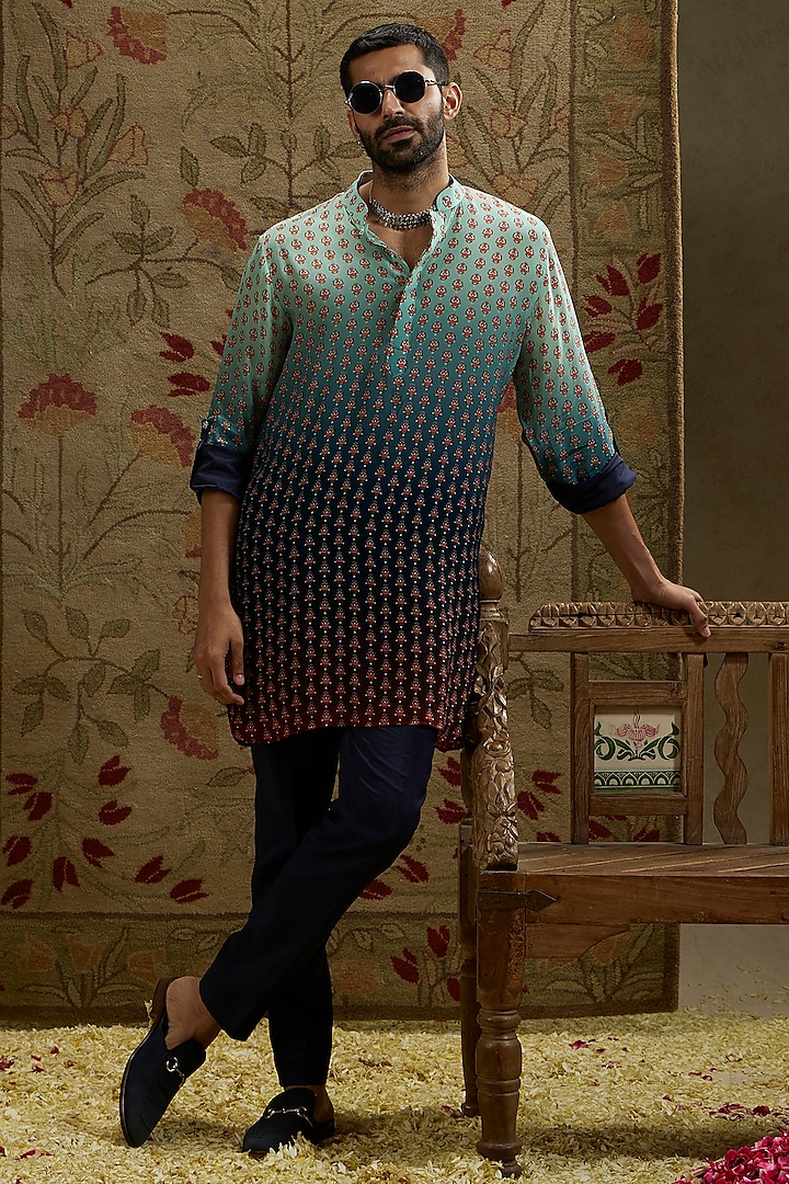 Red & Blue Crepe Printed Ombre Kurta by SVA BY SONAM & PARAS MODI Men