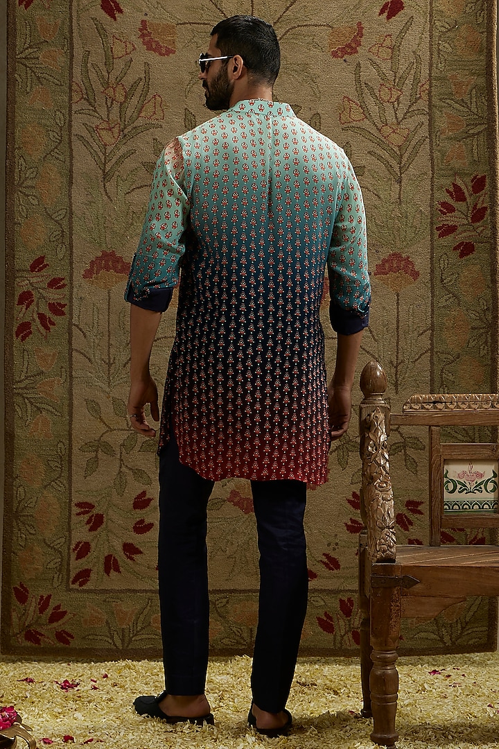 Red & Blue Crepe Printed Ombre Kurta by SVA BY SONAM & PARAS MODI Men at Pernia's Pop Up Shop