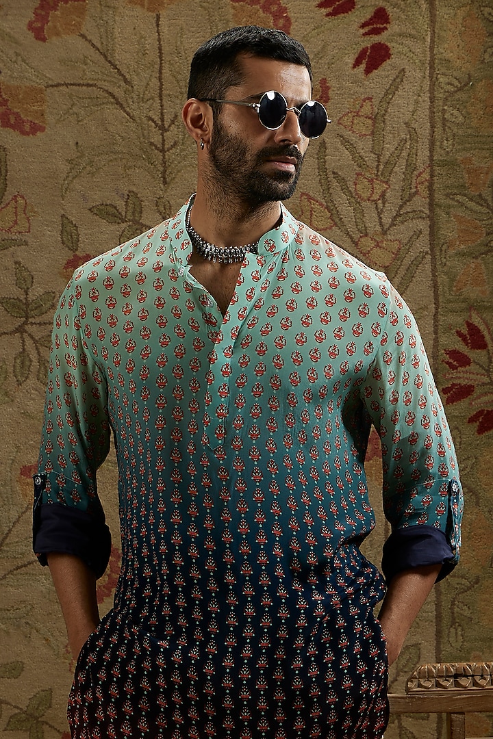 Red & Blue Crepe Printed Ombre Kurta by SVA BY SONAM & PARAS MODI Men at Pernia's Pop Up Shop
