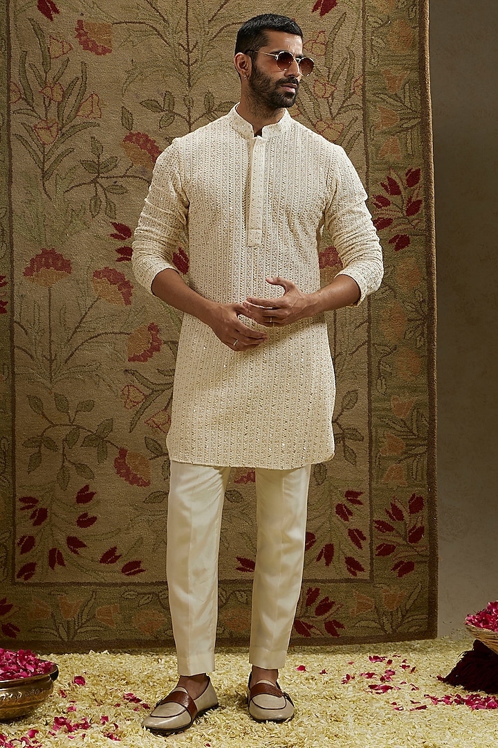 Ivory Silk Sequins & Cutdana Embellished Lucknowi Kurta by SVA BY SONAM & PARAS MODI Men at Pernia's Pop Up Shop