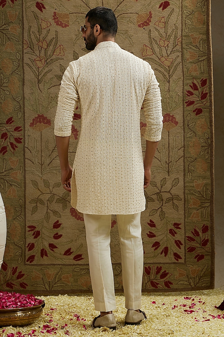Ivory Silk Sequins & Cutdana Embellished Lucknowi Kurta by SVA BY SONAM & PARAS MODI Men at Pernia's Pop Up Shop