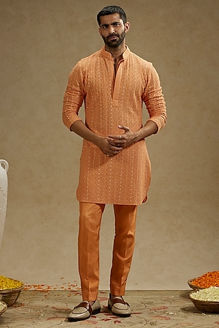 Orange Silk Metal Embellished Lucknowi Kurta by SVA BY SONAM & PARAS MODI Men