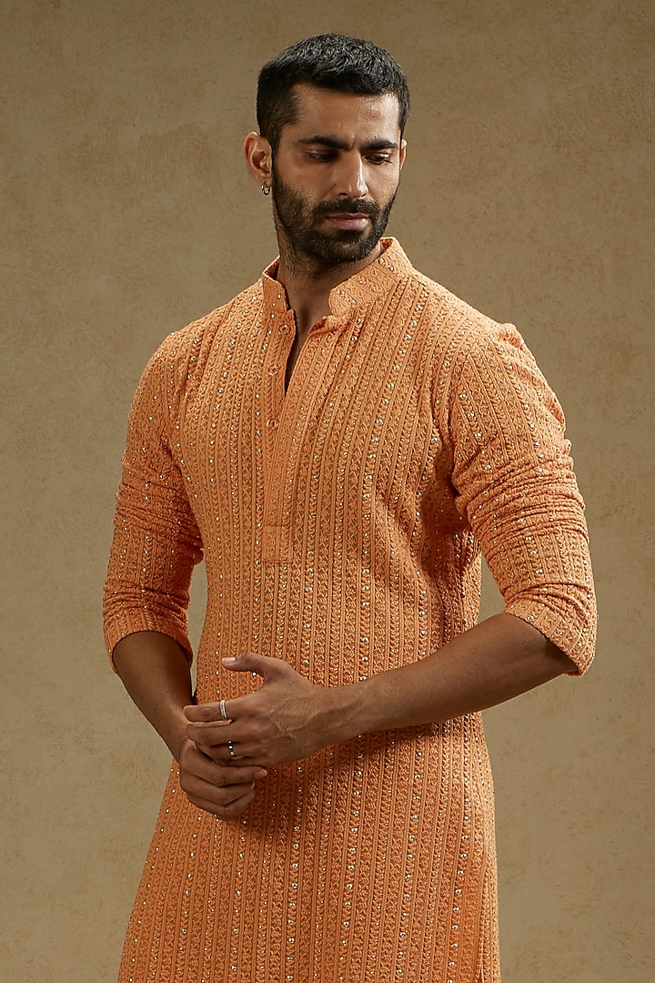 Orange Silk Metal Embellished Lucknowi Kurta by SVA BY SONAM & PARAS MODI Men at Pernia's Pop Up Shop