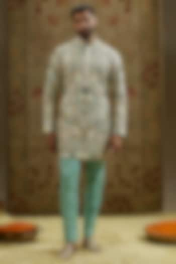 Teal Blue Silk Embellished Kurta Set by SVA BY SONAM & PARAS MODI Men at Pernia's Pop Up Shop