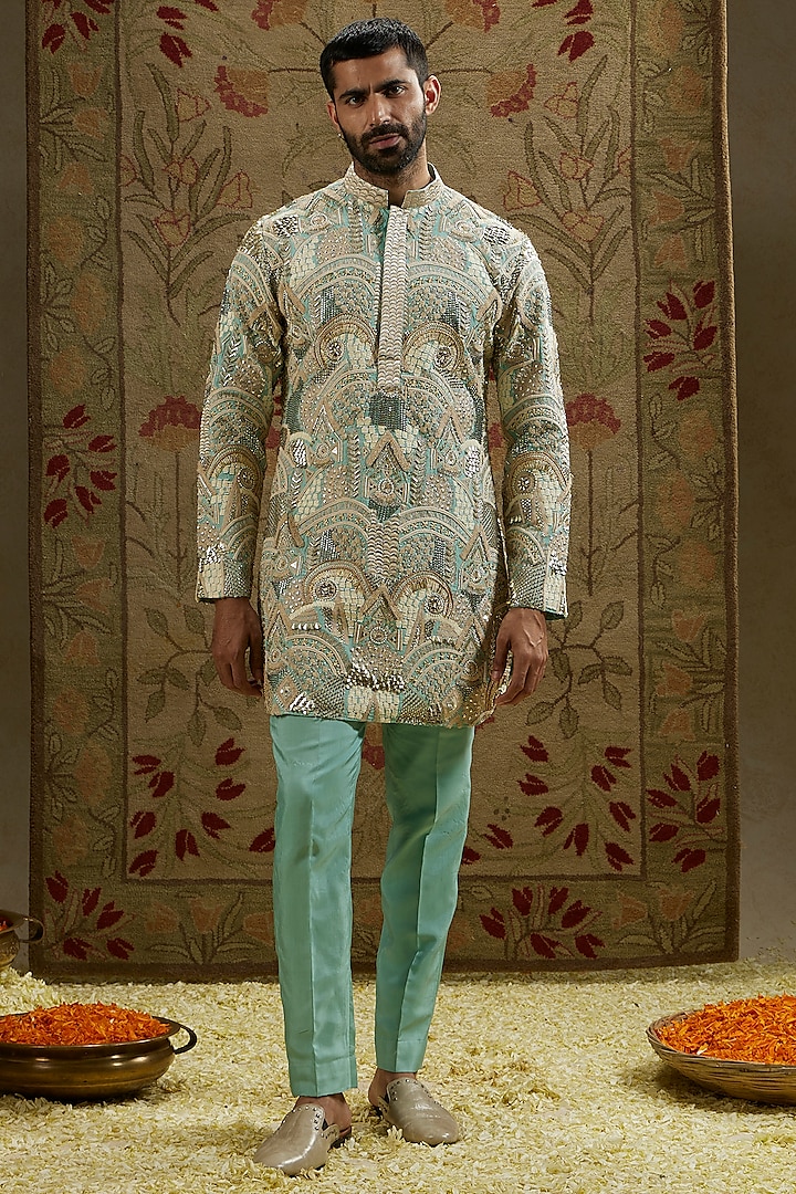 Teal Blue Silk Embellished Kurta Set by SVA BY SONAM & PARAS MODI Men at Pernia's Pop Up Shop