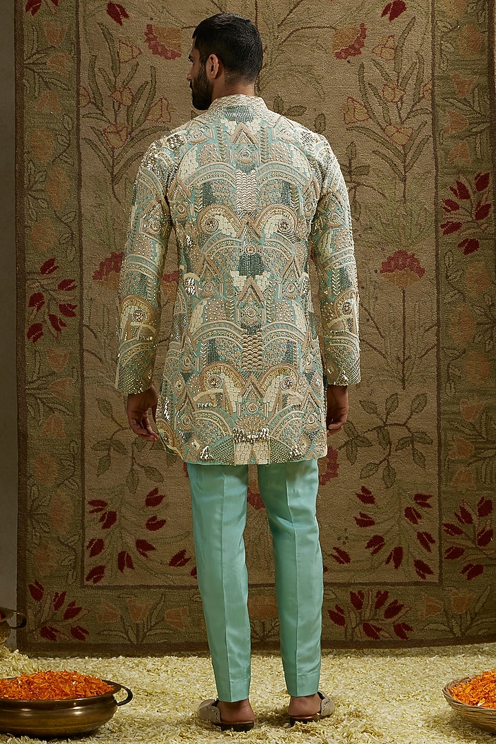 Teal Blue Silk Embellished Kurta Set by SVA BY SONAM & PARAS MODI Men at Pernia's Pop Up Shop