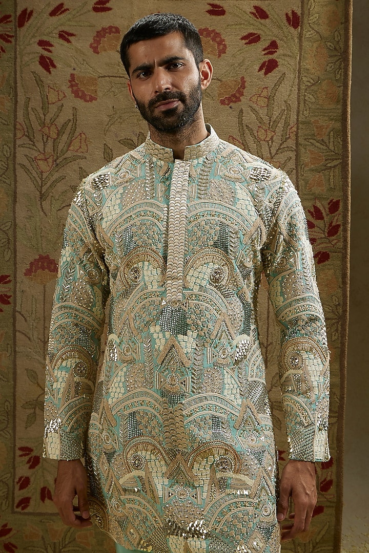 Teal Blue Silk Embellished Kurta Set by SVA BY SONAM & PARAS MODI Men at Pernia's Pop Up Shop