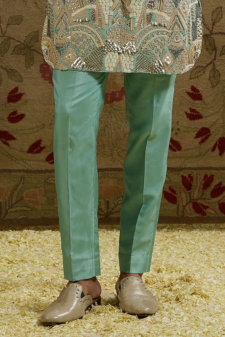 Teal Blue Silk Embellished Kurta Set by SVA BY SONAM & PARAS MODI Men at Pernia's Pop Up Shop