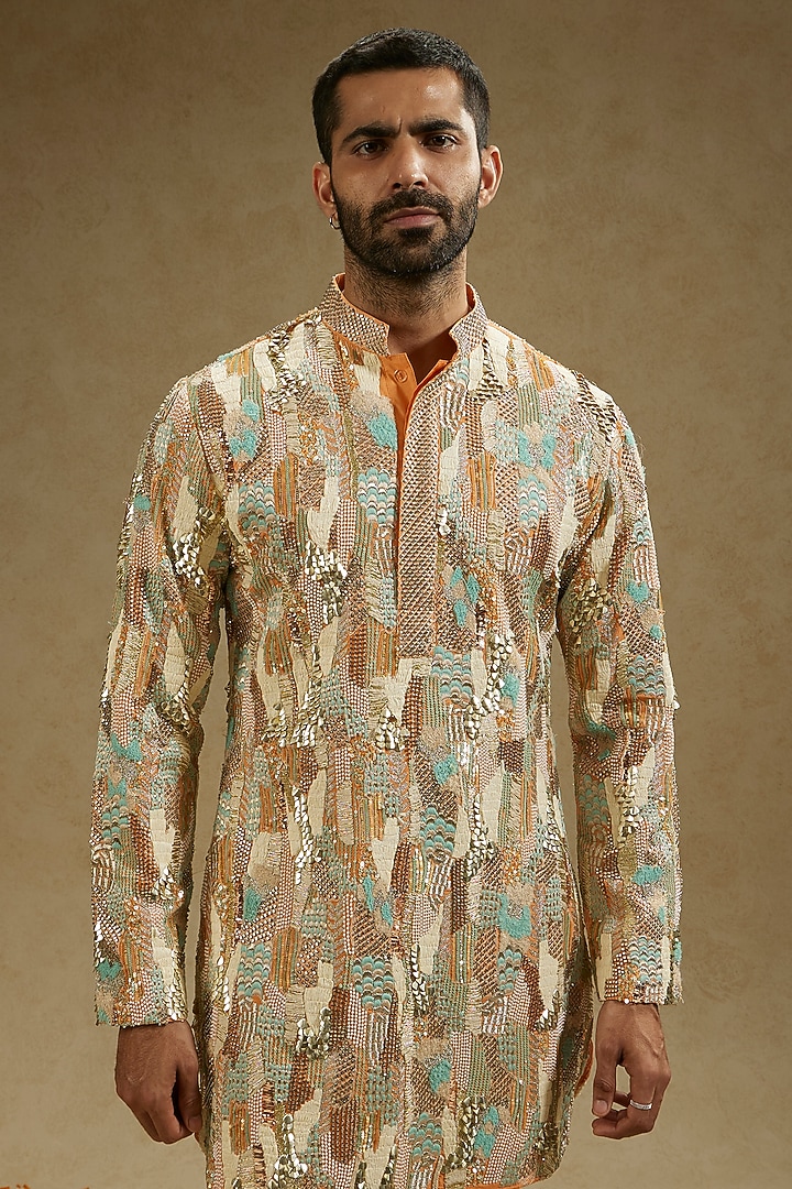 Orange Silk Embellished Kurta Set by SVA BY SONAM & PARAS MODI Men at Pernia's Pop Up Shop