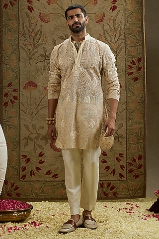 Magnolia Cream Silk Embellished Kurta Set by SVA BY SONAM & PARAS MODI Men