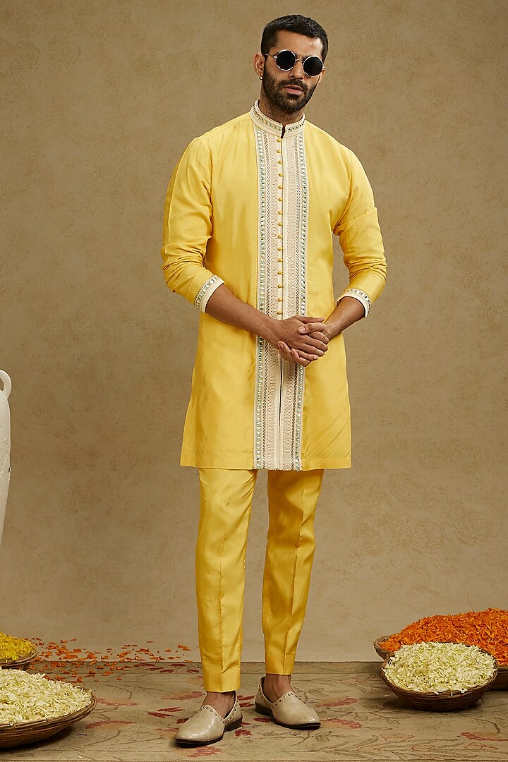 Dandelion Yellow Silk Thread Embroidered Kurta Set by SVA BY SONAM & PARAS MODI Men at Pernia's Pop Up Shop