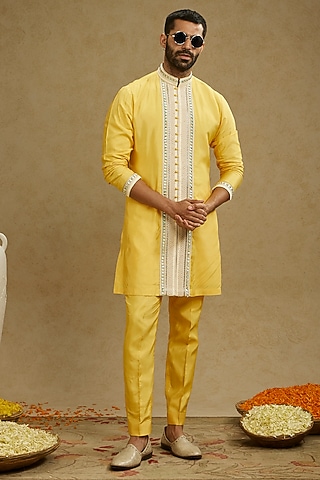 Dandelion Yellow Silk Thread Embroidered Kurta Set by SVA BY SONAM & PARAS MODI Men
