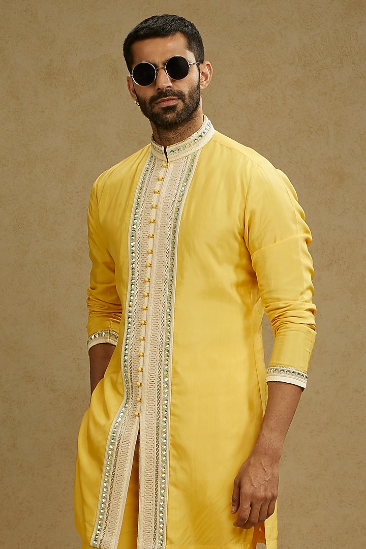 Dandelion Yellow Silk Thread Embroidered Kurta Set by SVA BY SONAM & PARAS MODI Men at Pernia's Pop Up Shop