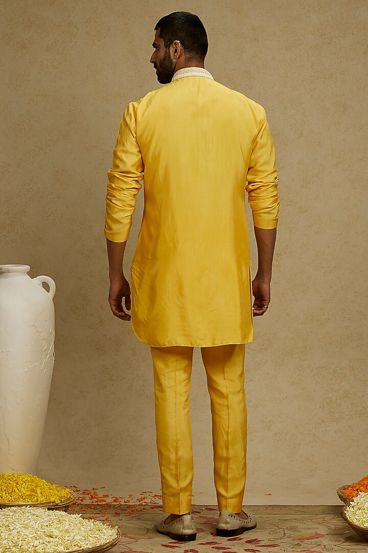 Dandelion Yellow Silk Thread Embroidered Kurta Set by SVA BY SONAM & PARAS MODI Men at Pernia's Pop Up Shop
