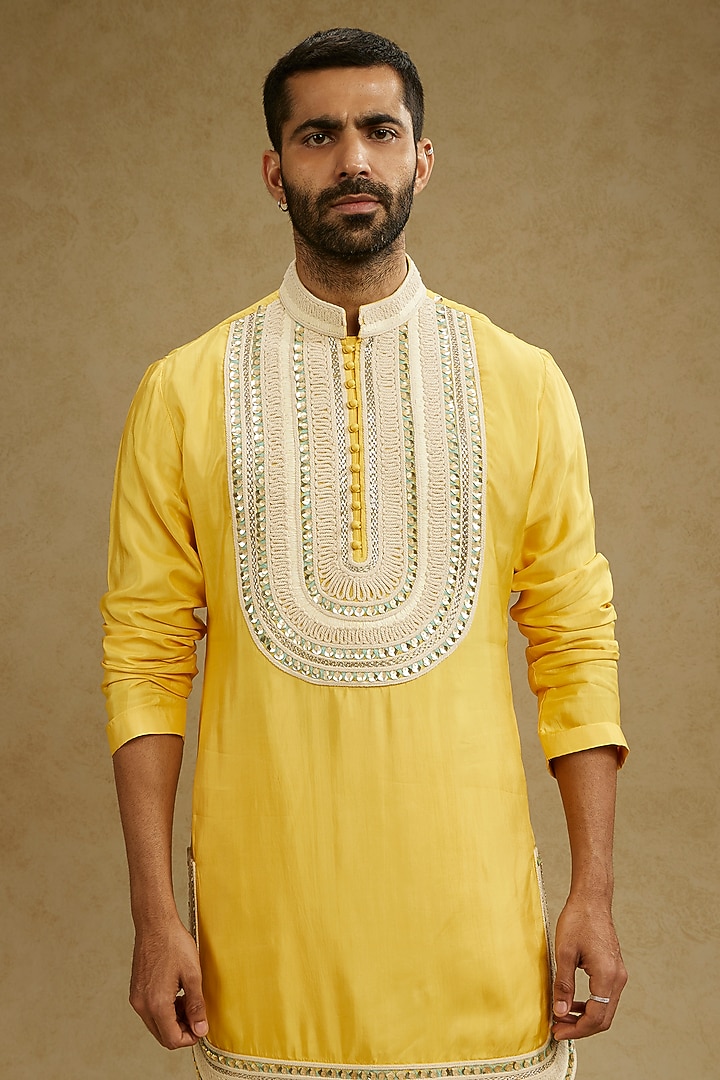 Dandelion Yellow Silk Thread Embroidered Kurta Set by SVA BY SONAM & PARAS MODI Men at Pernia's Pop Up Shop